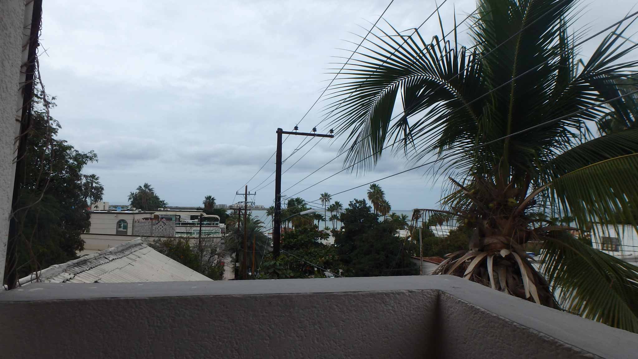 A balcony outside the hotel room shows some lower rooftops, tall green trees, and power lines obscuring a slight view of the ocean.